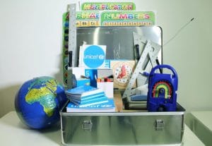 S9935098 General Description: School-in-a-Box kit for 40 students and 1 teacher Technical Specifications: School-in-a-box kit (Version 2.0), for 40 students and 1 teacher with 35 components: 21 teacher's items and 13 students' items packed in 1 lockable metal box. The previous School-in-a-Box (S9935020) was reviewed and the contents revised. This new version of the School-in-a-Box is designed for 40 students with materials for individual children and includes a wind-up solar radio. It is expected that the materials in this kit are sufficient for 3 months. school in a box